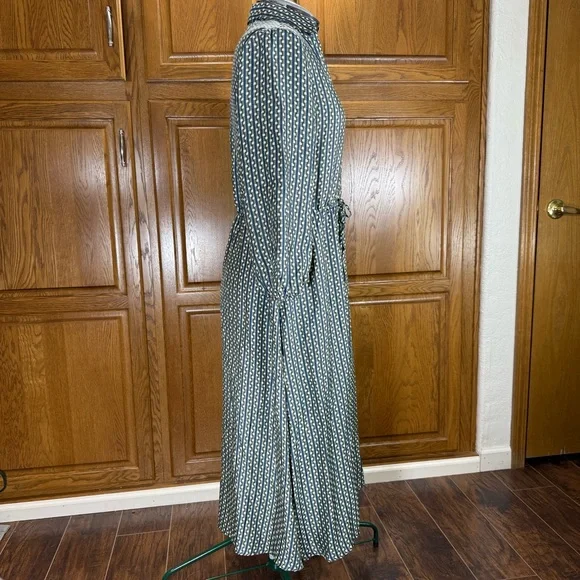 J. McLaughlin Green Blue Geometric Silk Shirt Dress Drawstring Waist L - Picture 8 of 13